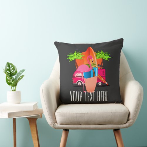 Retro Summer Beach Vacation Surfer Flamingo Throw Pillow