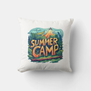 Retro Summer Camp Graphic T-Shirt Throw Pillow