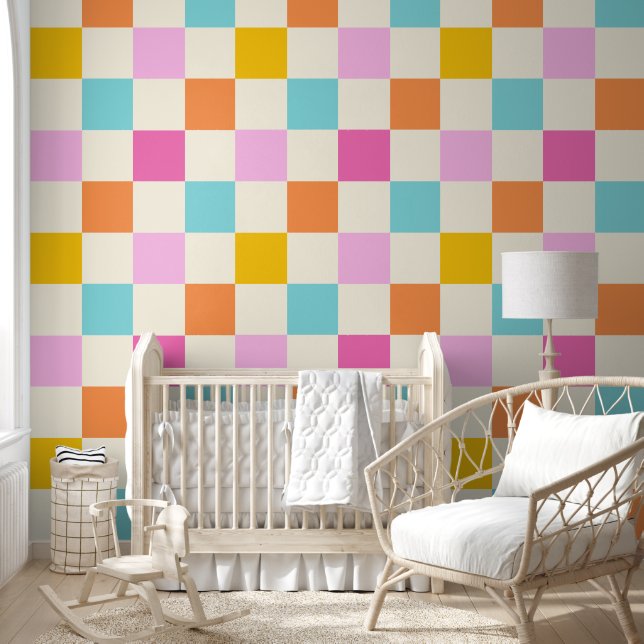Retro Summer Checkerboard Pattern Multicolored Wallpaper (Kids)
