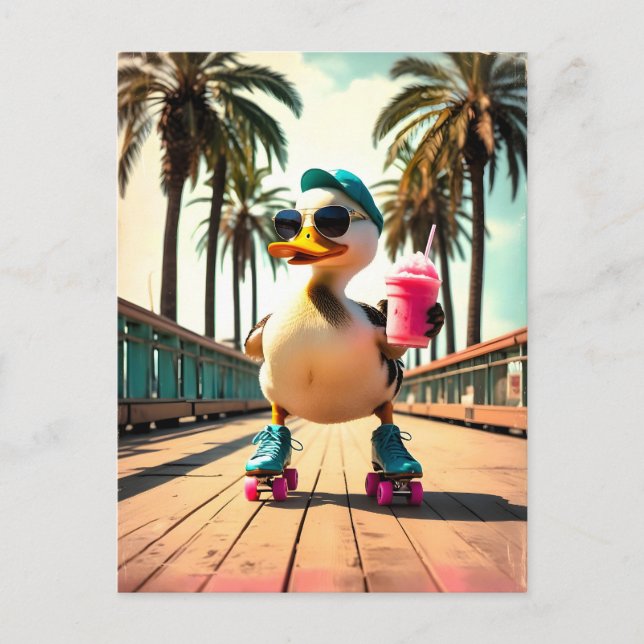 Retro Summer Funny Roller Duck  Announcement Postcard (Front)