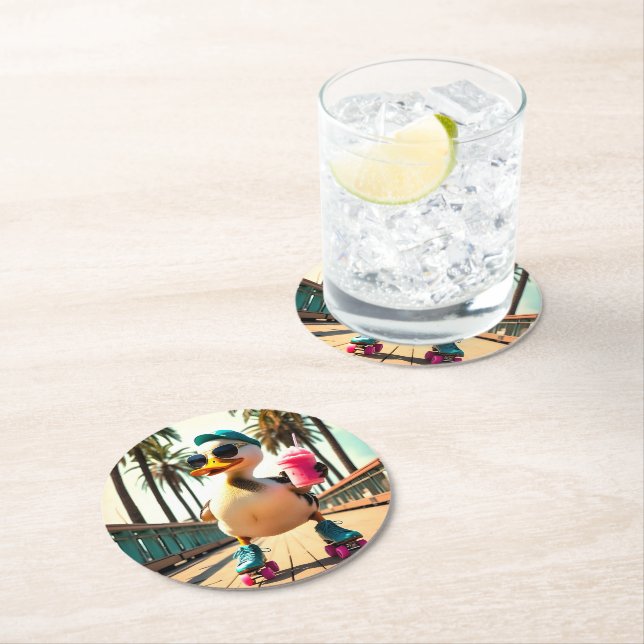 Retro Summer Funny Roller Duck  Round Paper Coaster (Insitu)