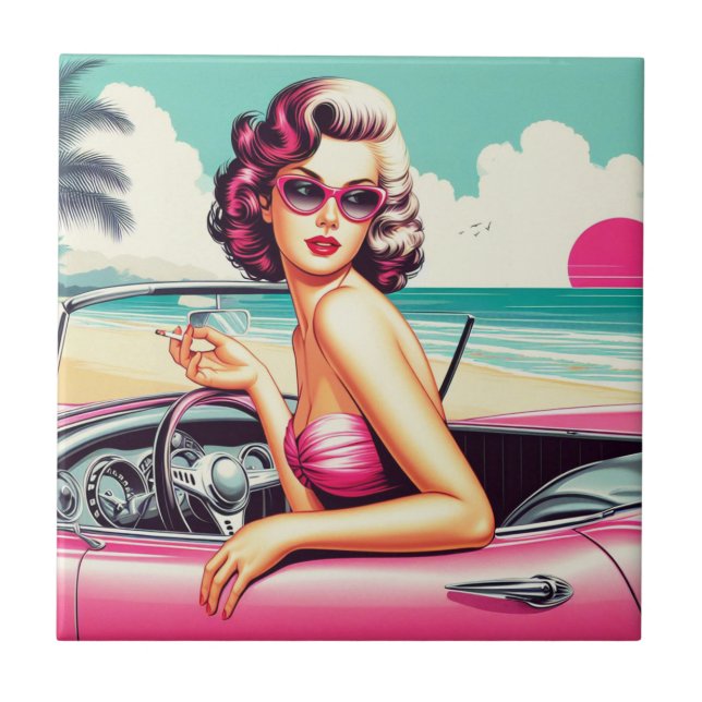 Retro Summer Girl Ceramic Tile (Front)