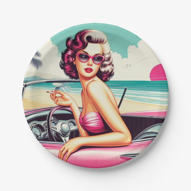Retro Summer Girl Paper Plates (Front)