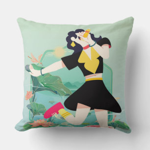 Retro Summer Girl with Watermelon and Lotus Pond A Throw Pillow