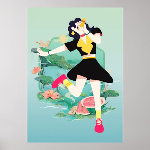 Retro Summer Girl with Watermelon and Lotus Pond Poster