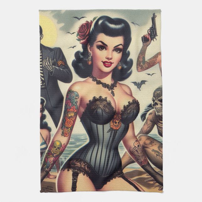 Retro Summer Gothic Pin-up Kitchen Towel (Vertical)