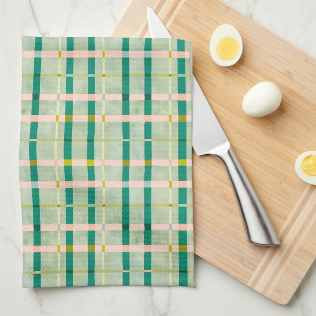 Retro Summer green & pink checkered  Kitchen Towel (Quarter Fold)