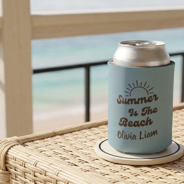 Retro Summer is the Beach Custom Name Can Cooler (Creator Uploaded)