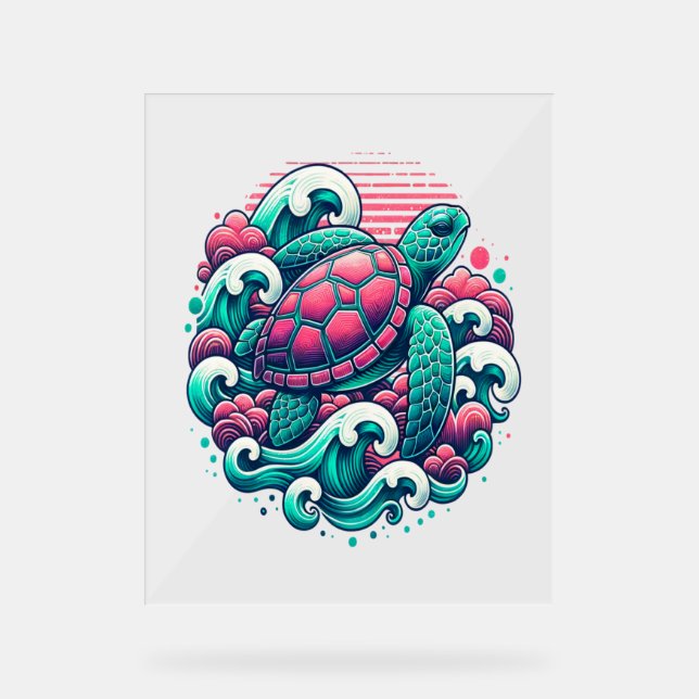 Retro Summer Ocean Wave Turtle Acrylic Sign (Front)