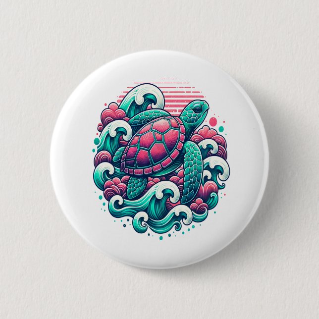 Retro Summer Ocean Wave Turtle Button (Front)