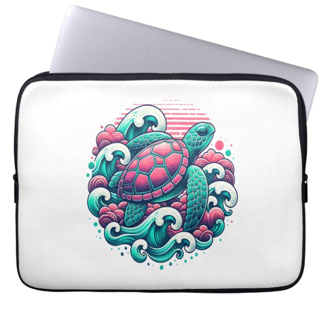 Retro Summer Ocean Wave Turtle Laptop Sleeve (Front)