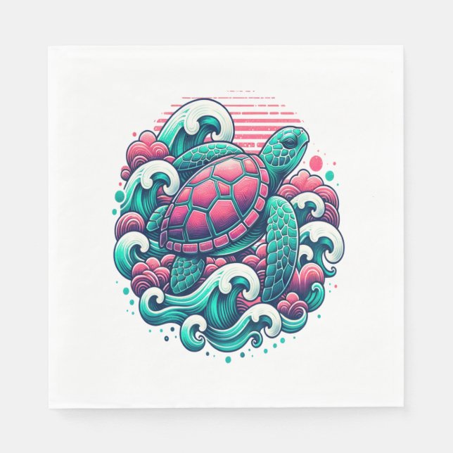 Retro Summer Ocean Wave Turtle Napkins (Front)