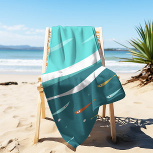 Retro Summer Ocean Waves Mid Century Modern Beach Towel