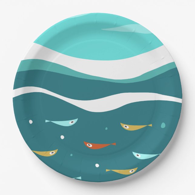 Retro Summer Ocean Waves Mid Century Modern Paper Plates (Front)