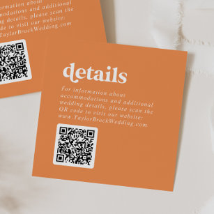 Retro Summer   Orange QR Code Wedding Details Enclosure Card
