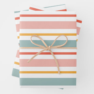 Retro Summer Pastel Striped Pink Mint And Mustard Wrapping Paper Sheets