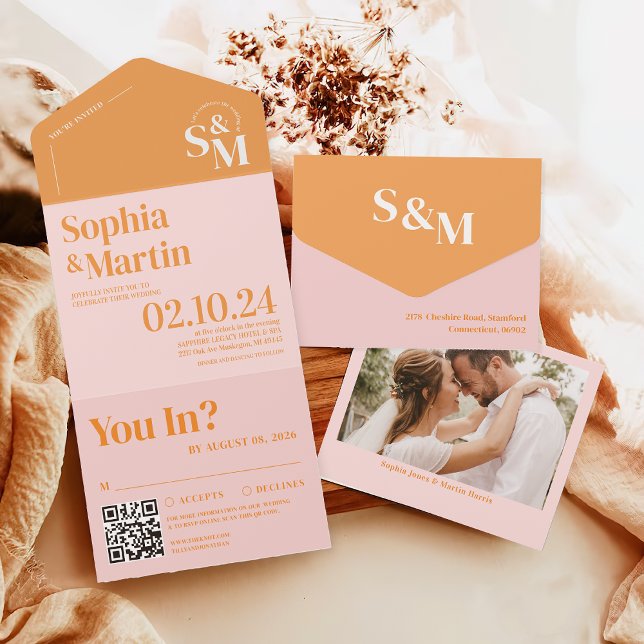 Retro Summer Pink and Orange Photo Wedding All In One Invitation (Creator Uploaded)