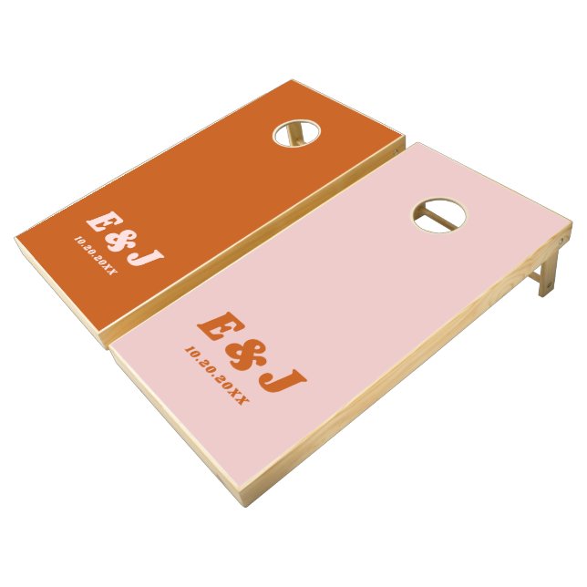 Retro Summer Pink and Orange Wedding Cornhole Set (Angled)