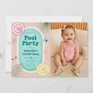 Retro Summer Pool Party Birthday Photo Invitation