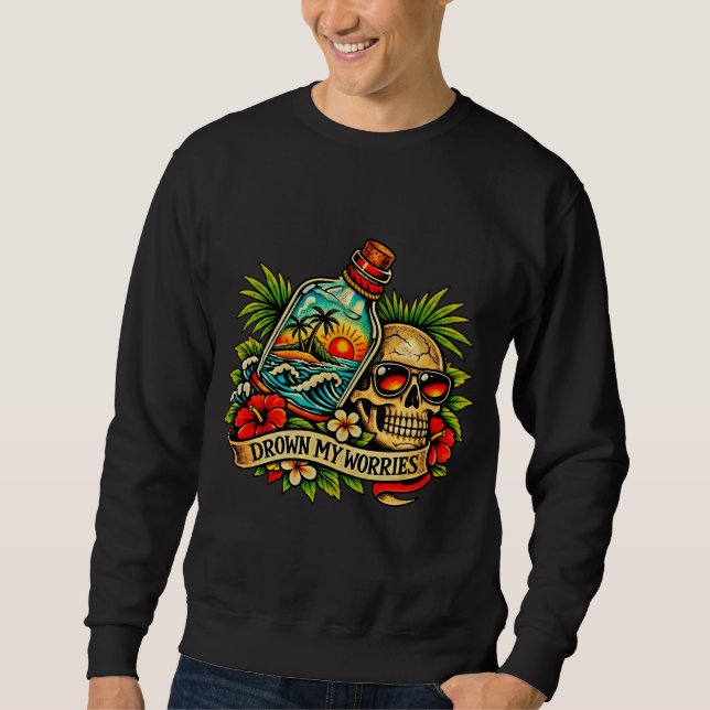Retro Summer Skull Message in a Bottle Beach Sweatshirt (Front)