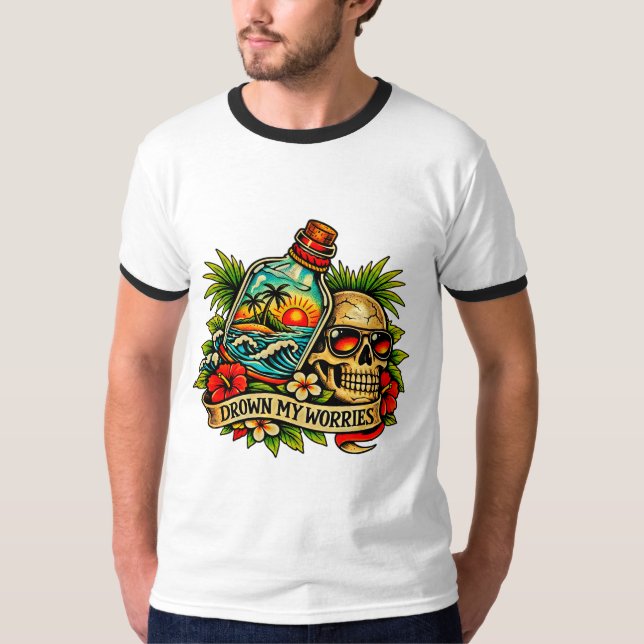 Retro Summer Skull Message in a Bottle Beach T-Shirt (Front)