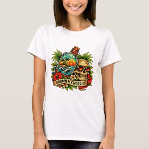Retro Summer Skull Message in a Bottle Beach women T-Shirt