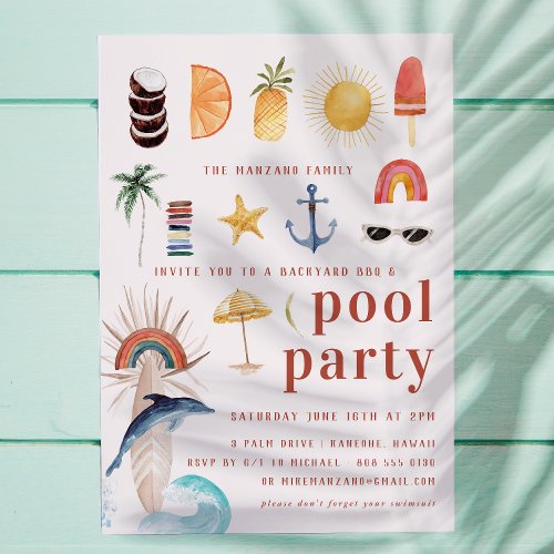 Retro Summer Surf  Pool Party Invitation