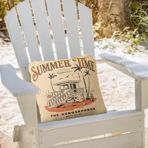 Retro Summer Time Beach Hut Illustration Throw Pillow