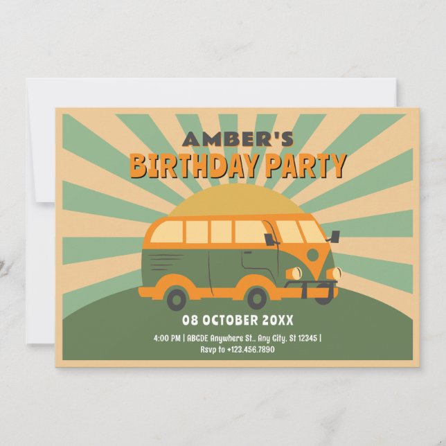 Retro summer van birthday invitation (Front)