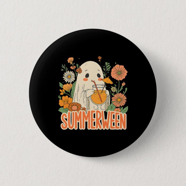 Retro Summerween Ghost Boho Floral Summer Hallowee Button (Front)