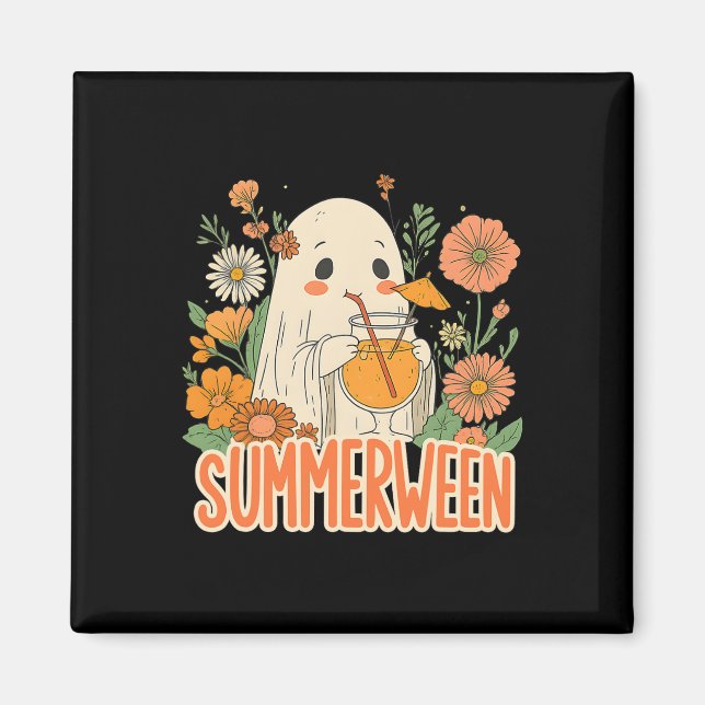 Retro Summerween Ghost Boho Floral Summer Hallowee Magnet (Front)