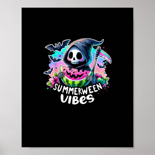 Retro Summerween Vibe Watermelon Ghost Summer Skel Poster (Front)