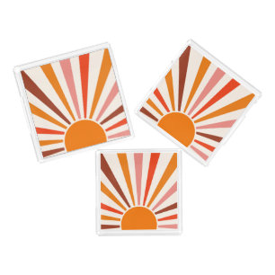 Retro Sun Burst Sunset Orange Yellow Red  Acrylic Tray