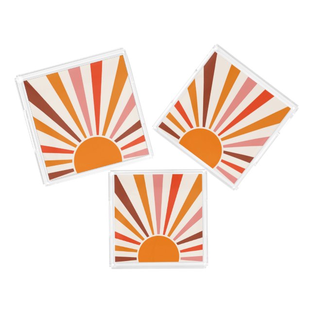 Retro Sun Burst Sunset Orange Yellow Red  Acrylic Tray (Set)