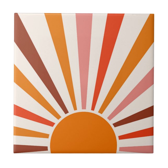 Retro Sun Burst Sunset Orange Yellow Red Pink  Ceramic Tile (Front)