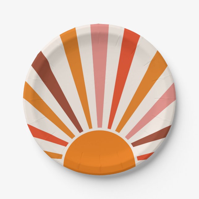 Retro Sun Burst Sunset Orange Yellow Red Pink  Paper Plates (Front)