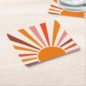 Retro Sun Burst Sunset Orange Yellow Red Pink Square Paper Coaster