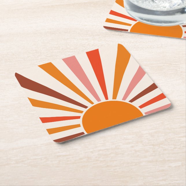 Retro Sun Burst Sunset Orange Yellow Red Pink  Square Paper Coaster (Angled)