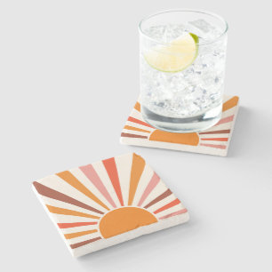 Retro Sun Burst Sunset Orange Yellow Red Pink Stone Coaster