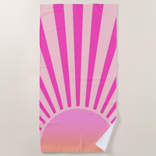 Retro Sun Burst Sunset Sunrise Hot Pink Ombre  Beach Towel