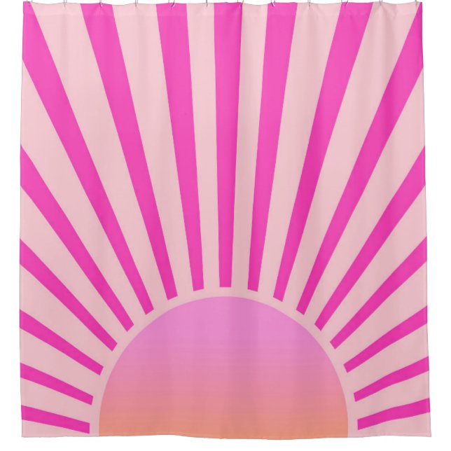 Retro Sun Burst Sunset Sunrise Hot Pink Ombre Shower Curtain (Front)