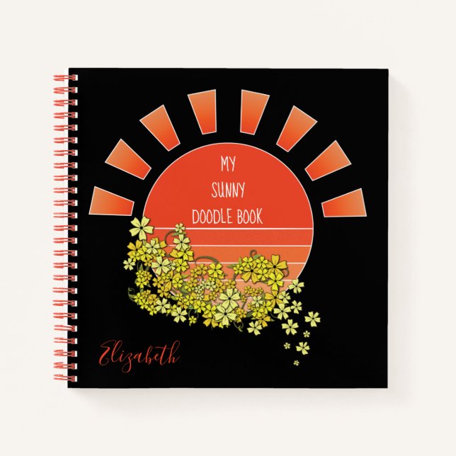 Retro Sun Doodle Personalized Sketchbook Black Notebook (Front)