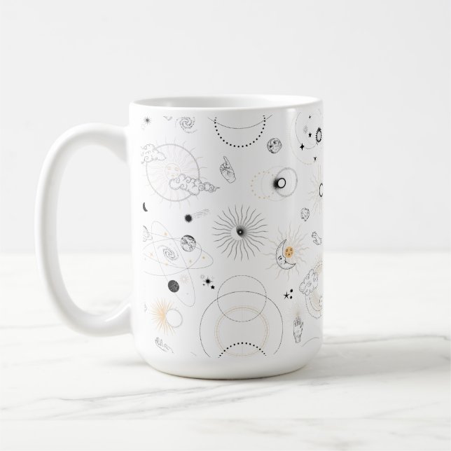 Retro sun moon galaxies orbits hand stars circles  coffee mug (Left)