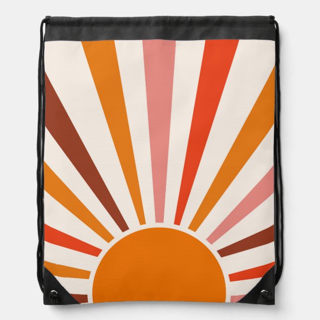 Retro Sun Rays Burst Sunset Orange Mid Century Drawstring Bag (Front)