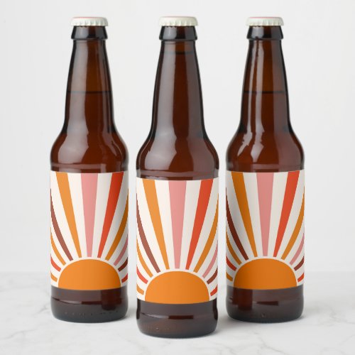 Retro Sun Rays Burst Sunset Orange Yellow Red  Beer Bottle Label