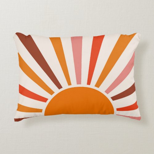 Retro Sun Rays Burst Sunset Orange Yellow Red Dorm Accent Pillow
