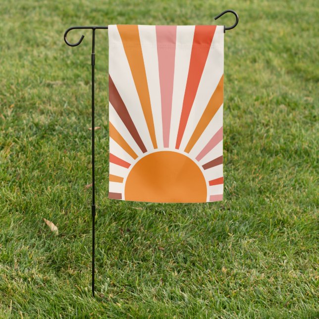 Retro Sun Rays Burst Sunset Orange Yellow Red  Garden Flag (In SItu)