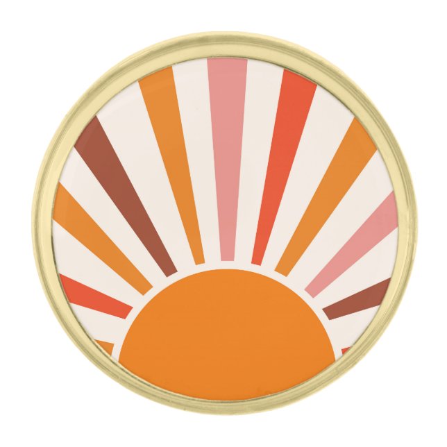 Retro Sun Rays Burst Sunset Orange Yellow Red   Gold Finish Lapel Pin (Front)