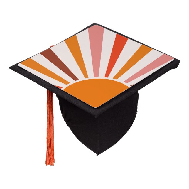 Retro Sun Rays Burst Sunset Orange Yellow Red  Graduation Cap Topper (Angled)