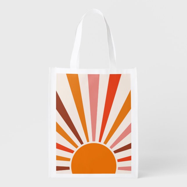 Retro Sun Rays Burst Sunset Orange Yellow Red Grocery Bag (Front)